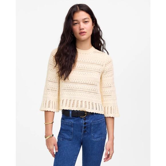 Madewell Scalloped-Trim Sweater Tee WMNS S Sand Crewneck Crop Open Knit Pullover - Picture 1 of 8